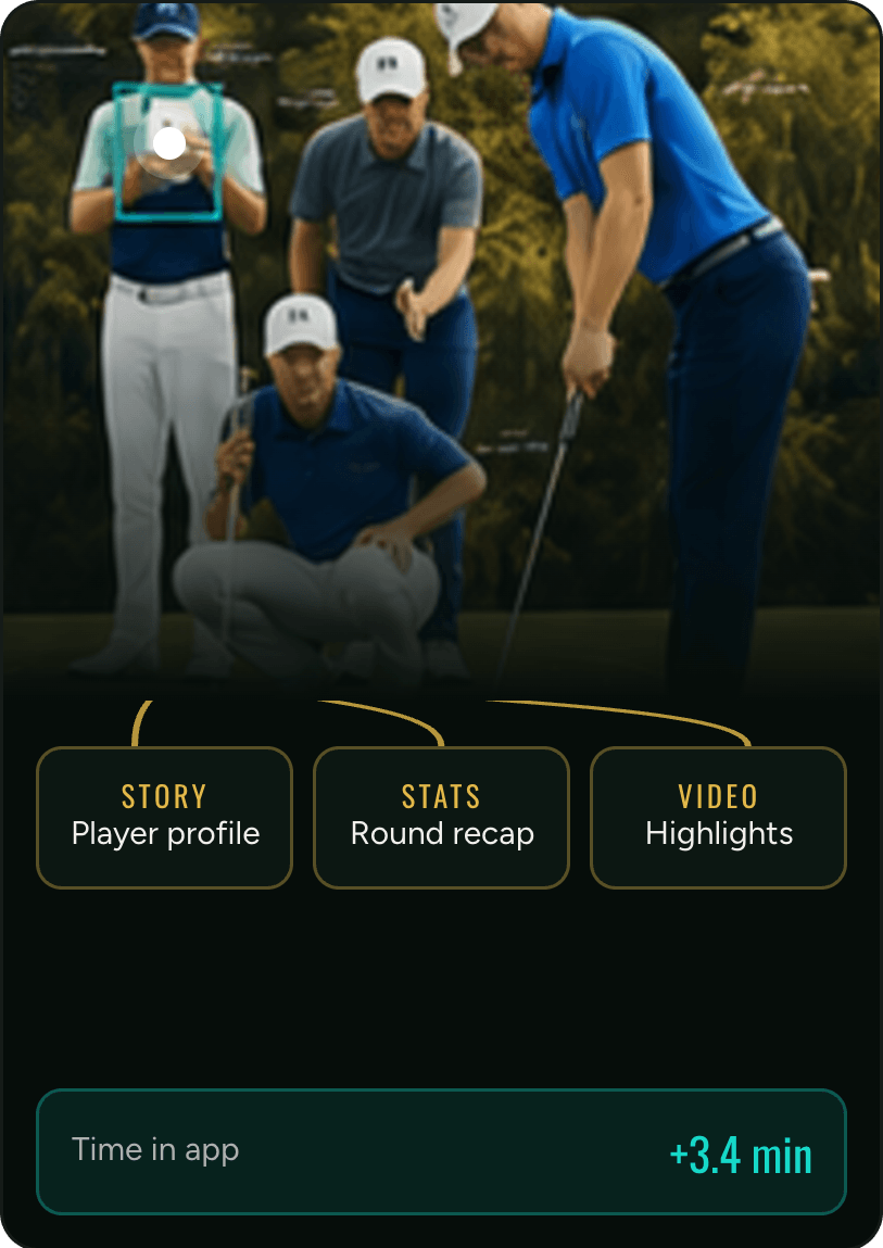 A fan taps the phone in a golf photo and three linked content cards open: story, stats and video.